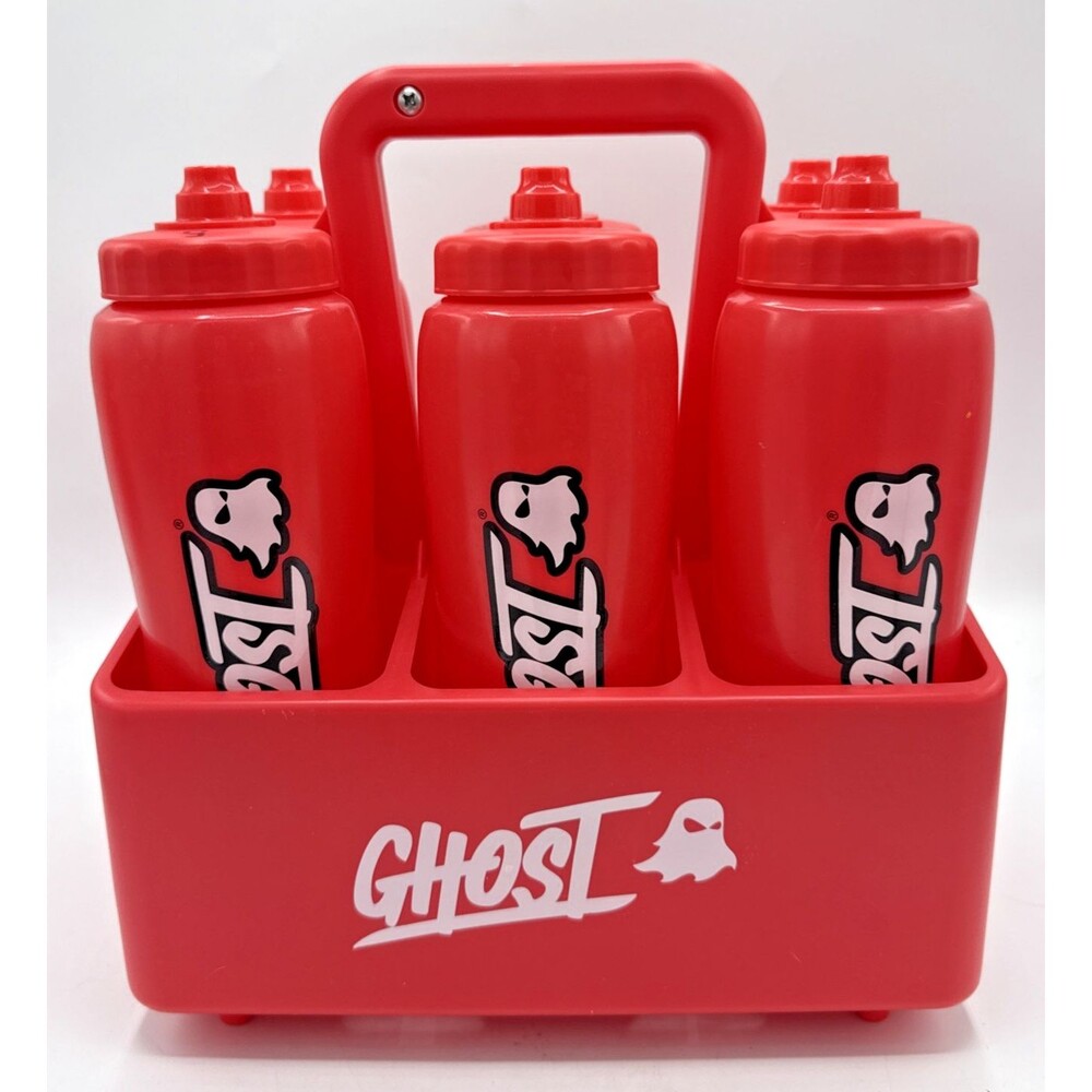 Ghost 6 Pack Sport Squeeze Bottles W/Caddy Red/White Hydration Station